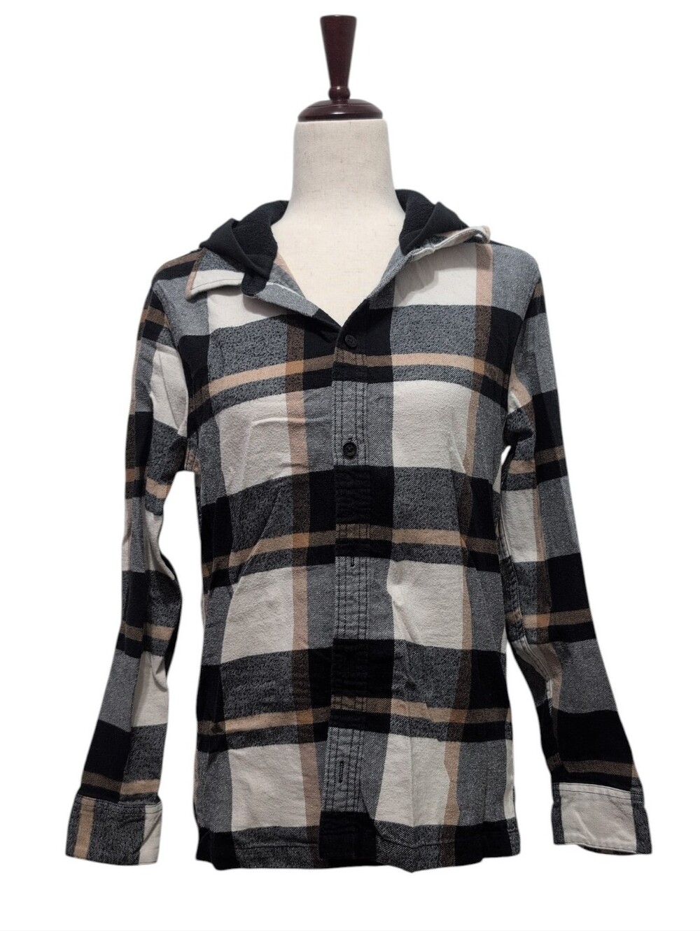 Hollister Plaid Flannel Hoodie Long Sleeve Black Gray Beige Size XS